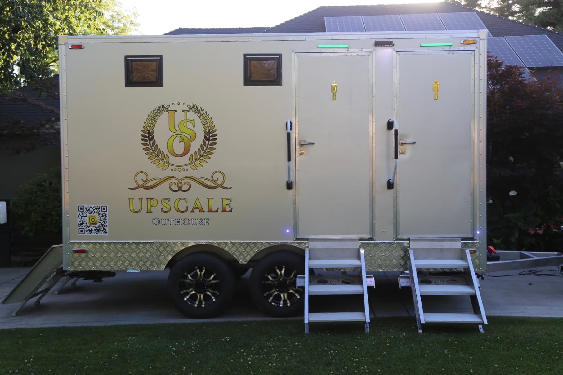 Luxury restroom trailer setup for an elegant backyard celebration